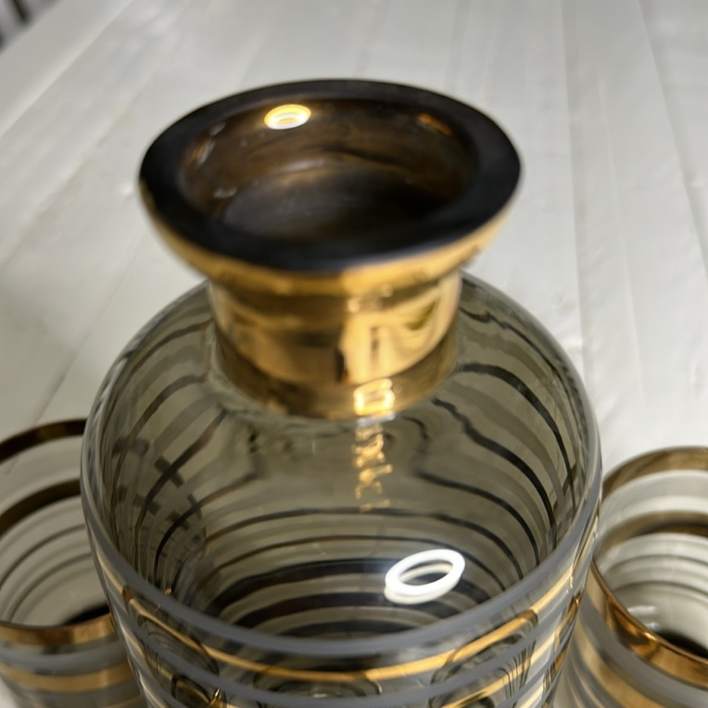 🎀Gold&Smoky gray Glassware Mid-century Modern Liquor Decanter5 Cordial Glasses - Picture 8 of 12